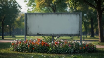 Blank Weathered Billboard Amidst Vibrant Park Flowers, Ready for Message in Serene Natural Setting