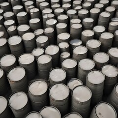Industrial Storage: A Dense Array of Metal Drums from an Overhead Perspective