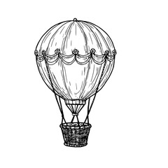 Fototapeta premium Balloon with a wicker basket, black and white ink sketch. Vector illustration. Children's flying toy, isolated on a white background. For postcards, children's books, and textile printing