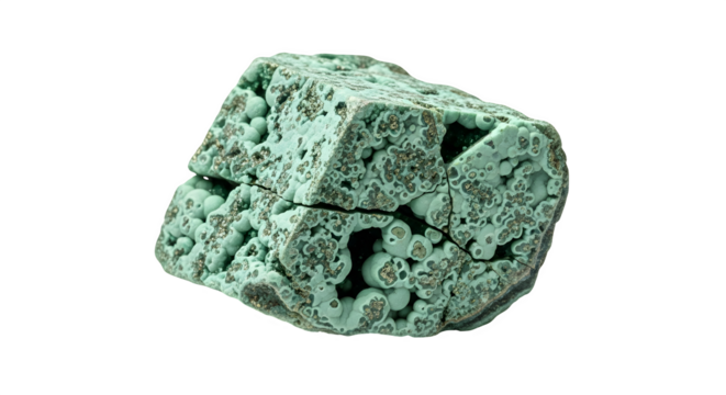 A piece of green mineral isolated on transparent background, showcasing its unique texture and color, perfect for geological studies and mineral collections