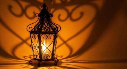Ornate lantern casting intricate shadows on a warm orange wall in soft light