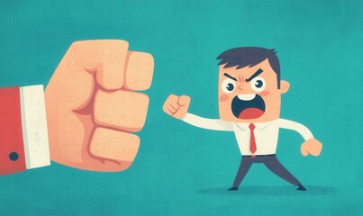 Angry Businessman Shouting at a Giant Hand in Cartoon Style