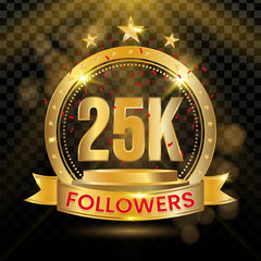25K Followers Logotype with Gold and red Confetti Isolated on Black Background, Vector Design for Greeting Card and Social Media.