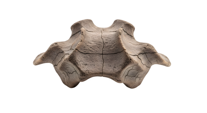 Fossilized vertebra isolated on transparent background, a remnant of ancient life, showcasing the intricate structure and history preserved within the bone