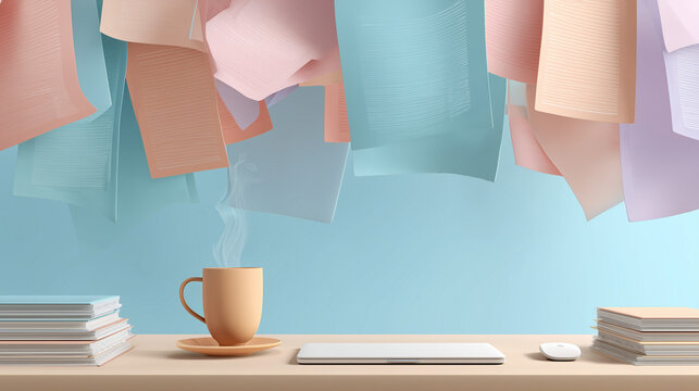 Minimalist office workspace with floating documents and coffee cup in pastel colors, remote work concept, creative productivity background