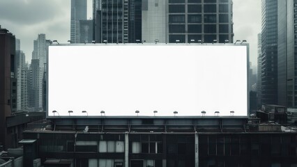 Obraz premium Blank White Billboard Mockup on Urban Rooftop Against Overcast City Skyline