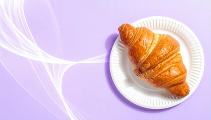 A freshly baked golden brown croissant is served on a simple white paper plate, captured from a top-down perspective against a vibrant purple background with elegant, flowing abstract light waves