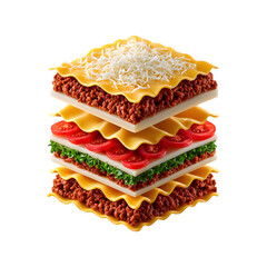 A cross-section view of layered lasagna sheets in separated slices: al dente pasta sheets, creamy béchamel, rich meat ragu, and grated cheese melting between layers