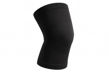 Compression knee brace providing orthopedic support, black medical knee support device on clear background