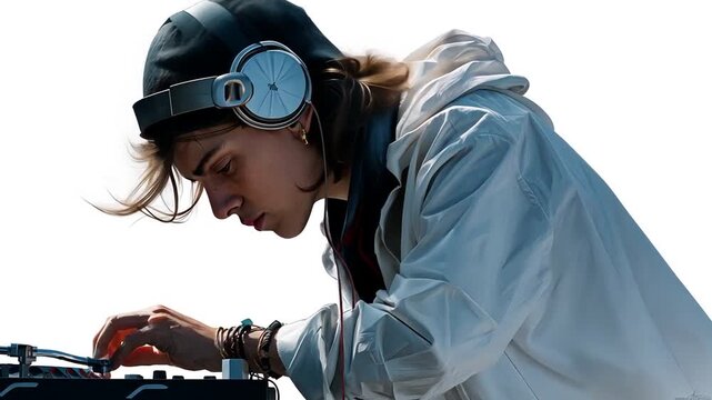 A focused young DJ with headphones and a beanie intently mixes music on their controller, completely absorbed in the creative process against a white background.