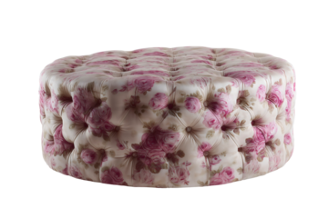 Shabby chic round tufted ottoman footstool pink rose floral fabric, vintage cottage furniture transparent background.