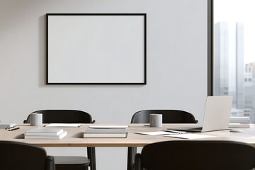 Modern conference room interior with wooden chairs and table near large windows, blank wall on side, ideal for business design mockup or presentation. High quality