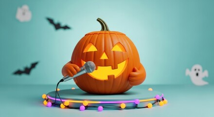 Halloween pumpkin character singing into a microphone on a stage with lights