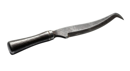 Antique farrier knife with a curved blade and a wooden handle isolated on transparent background, a tool used by blacksmiths to trim horses hooves