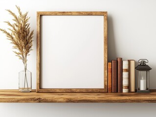 Elegant Wooden Frame with Blank Space on Shelf with Decorative Items