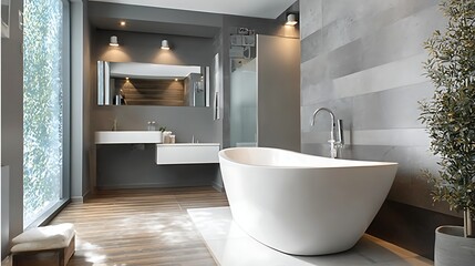 Modern minimalist bathroom with freestanding bathtub and large window overlooking nature