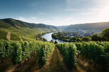 Peaceful Fertile Landscape of Sunlit Hills and Vineyards
