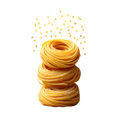 A cloud of fine flour exploding behind a stack of raw tagliatelle nests mid-fall, golden strands caught in motion, crisp texture details