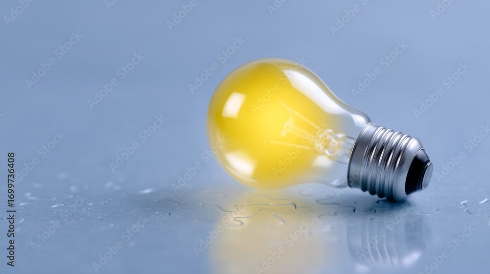 Poster a close-up of a yellow light bulb lying on a smooth surface. the bulb glows softly, offering a warm 