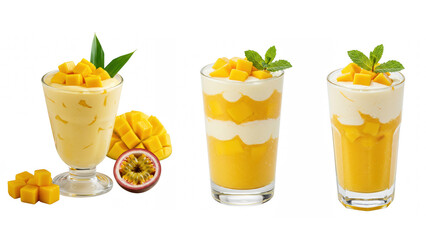 Fototapeta premium Three glasses of mango smoothie with mango pieces isolated on transparent background