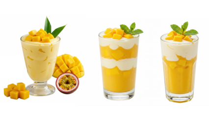 Three glasses of mango smoothie with mango pieces isolated on transparent background