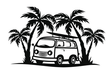Black and White Van with Palm Trees Illustration, Tropical Art Design