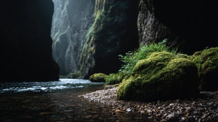 Serene Landscape of Mossy Cliffs and Sunlit Waters