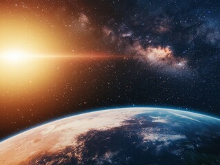 Stunning View of Earth from Space with Glowing Sun and Stars