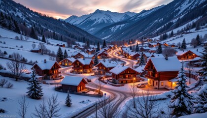 Fototapeta premium Serene Winter Village at Dusk Surrounded by Snowy Mountains and Illuminated Wooden Cabins in a Peaceful Landscape