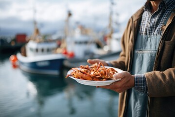 Enjoying Freshly Cooked Lobster at Icelandic Harbor Scene