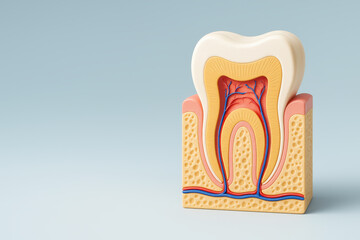 Tooth cross section showing enamel dentin pulp nerve blood vessel gum root bone and healthy structure educational and medical concept