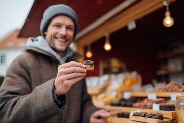 Person Sampling Chocolate and Icelandic Candies at Local Market Stall
