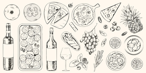 Hand drawn sketch of assorted foods and drinks including pizza wine fruits and vegetables