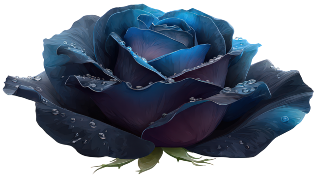 Dark Blue Rose with Water Droplets on Transparent Background