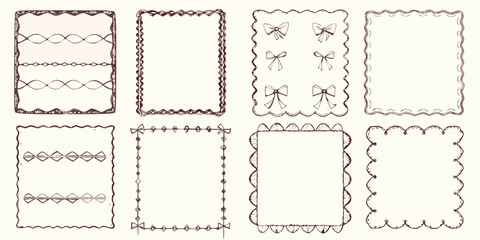 Collection of eight hand drawn decorative frames and borders with whimsical designs and bow embellishments