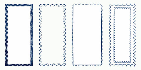 Collection of four hand drawn decorative rectangular borders with wavy and scalloped edges in dark blue