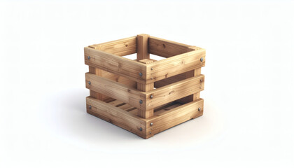 Realistic 3D wooden crate icon on white background, detailed texture, lifelike wooden box, high-quality 3D rendering, minimalistic design element