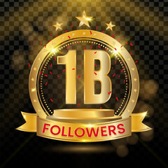 1B Followers Logotype with Gold and red Confetti Isolated on Black Background, Vector Design for Greeting Card and Social Media.