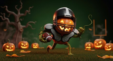 Halloween pumpkin wearing football gear running with a football on a field at night