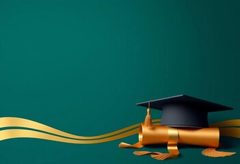 Elegant dark teal background, gold scroll & mortarboard, subtle texture,  diploma,  congratulations
