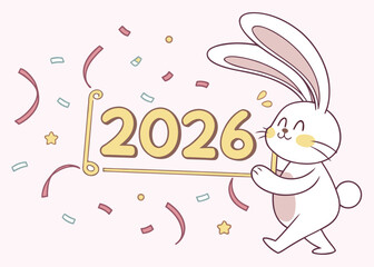 Cute Cartoon Bunny Holding Golden 2026 Sign with Confetti, Vector Illustration