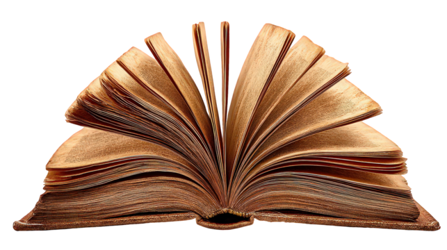 Open Antique Book with Brown Pages on Transparent Background