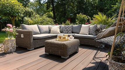 A rattan patio set including a sofa, a table and a chair on a wooden deck in the sunny garden. A rattan patio set including a sofa, a table and a chair on a wooden deck in the sunny garden.