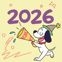 Cute Cartoon Dog Jumping with Party Popper and 2026 Text Above, Colorful Vector Illustration