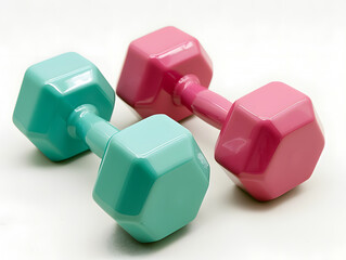 pair of pink and turquoise hexagonal dumbbells isolated on white background