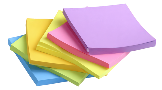 Pastel Colored Sticky Notes Stacked on Transparent Background