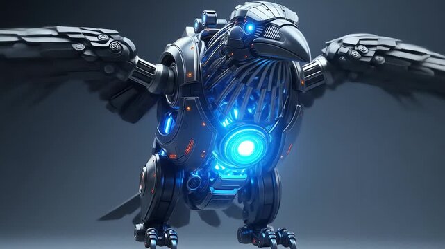 Sleek Mechanical Crow Robot with Blue Glowing Core