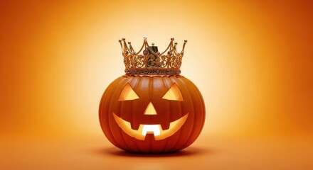 Jack o lantern wearing a golden crown on an orange gradient background for halloween