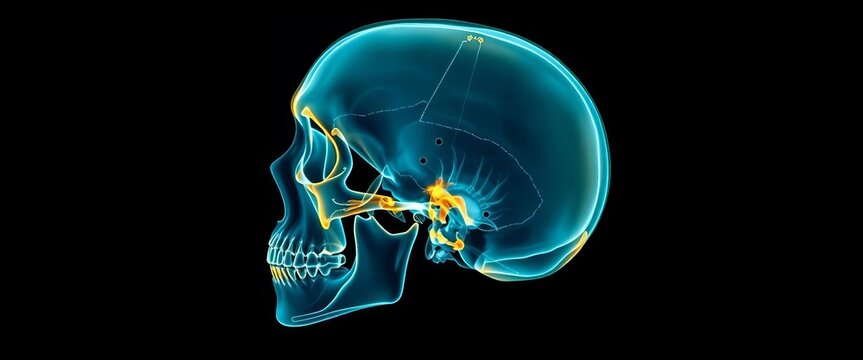 Lateral skull x-ray showing bone structures and air spaces,   radiology image,   healthcare professional