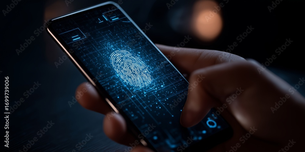 Aufkleber hand holding smartphone displaying digital fingerprint authentication on screen with technology conc